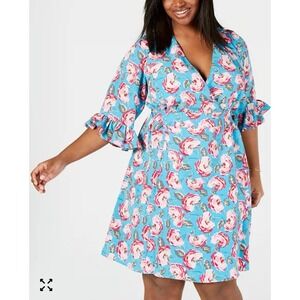 Betsy Johnson Blue Floral Ruffled‎ Short Sleeve Shift Dress V-Neck Plus Size 22W